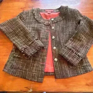 Sundance Brown Orange Rust Tweed Buttoned Jacket Collarless Fringe 8 Wool blend